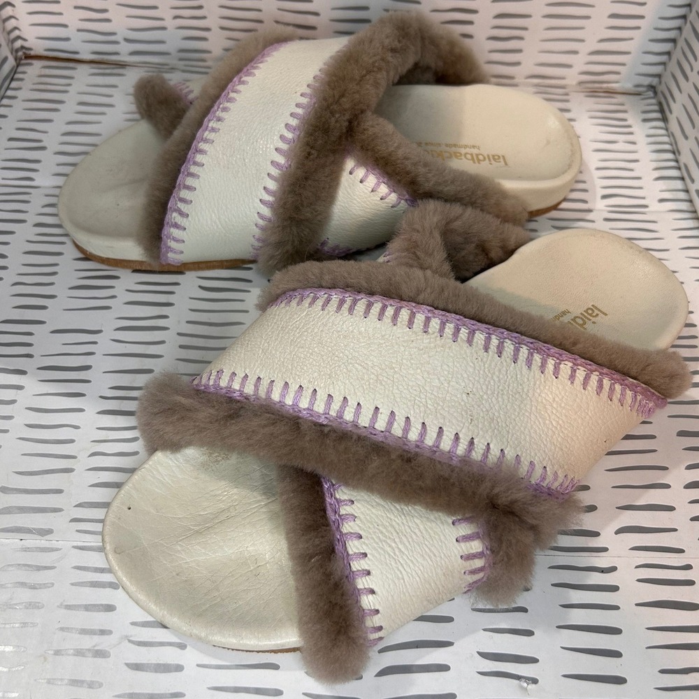 Laidback London Handmade Leather Shearling Slides Womens‎ 39 Cream Cross Strap